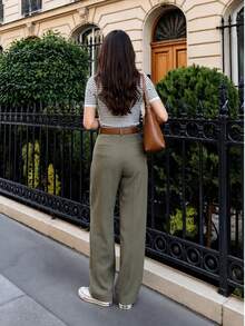Women's High Waist Pleated Wide Leg Pants, Autumn Casual Solid Color Loose Long Pants, Office Commute Straight Leg Trousers - Olive Green - View 2