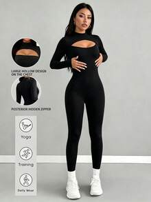 AiTyi Women's High Neck Front Cutout Long Sleeve Slim Fit Jumpsuit, Back Zipper, Autumn Hot Girl Style Daily Wear Slim Fit Jumpsuit - Black - View 1