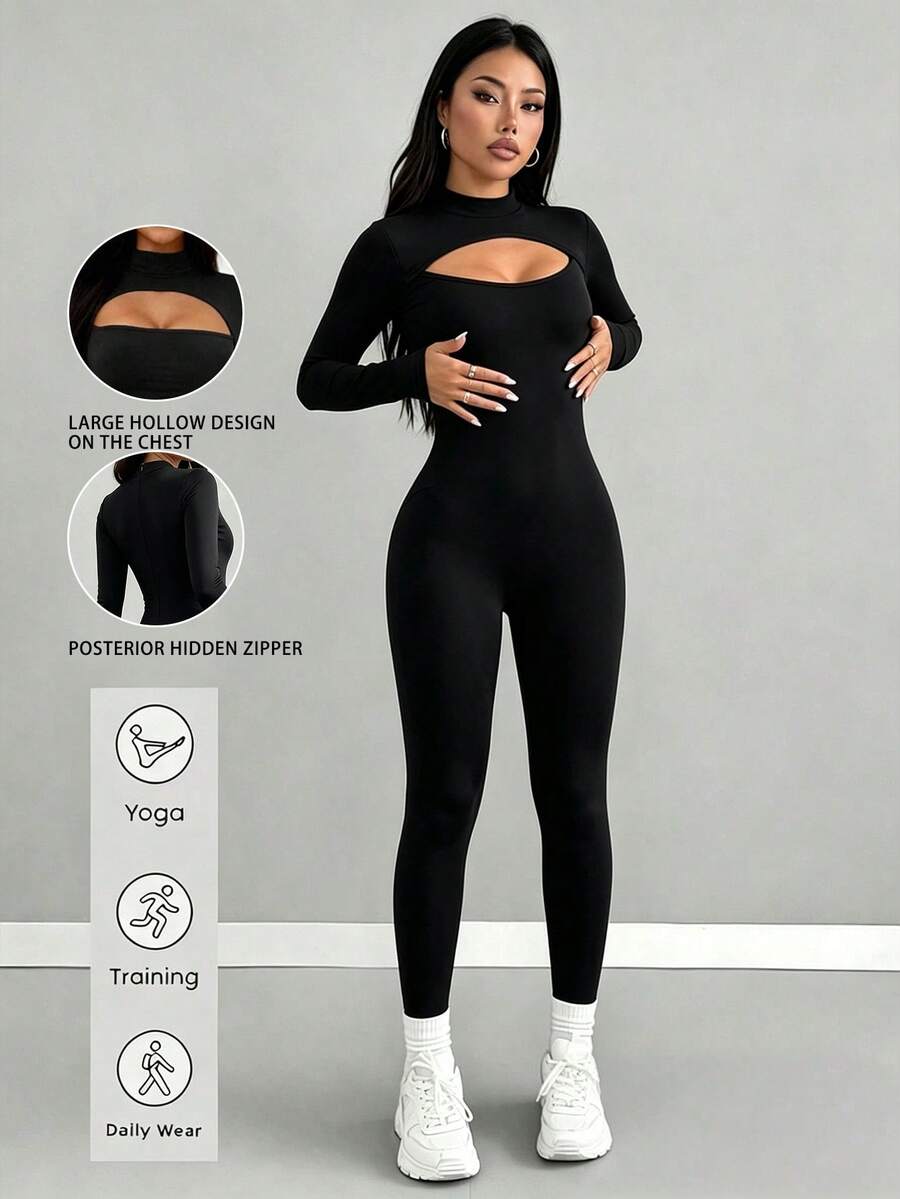 AiTyi Women's High Neck Front Cutout Long Sleeve Slim Fit Jumpsuit, Back Zipper, Autumn Hot Girl Style Daily Wear Slim Fit Jumpsuit - Black - View 1
