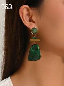 OOQ 1 Pair Vintage Tie Dye Resin Beaded Patchwork Earrings, Asymmetrical Square Long Dangle Earrings For Women, Exquisite Holiday Gift For Daily Commute And Date Wear - Green - View 4