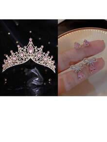 1pc European Style Handmade Crown, Suitable For Wedding Dress, Birthday Party, Banquet, Vow Ceremony, Alloy Rhinestone Crystal - Gold - View 12