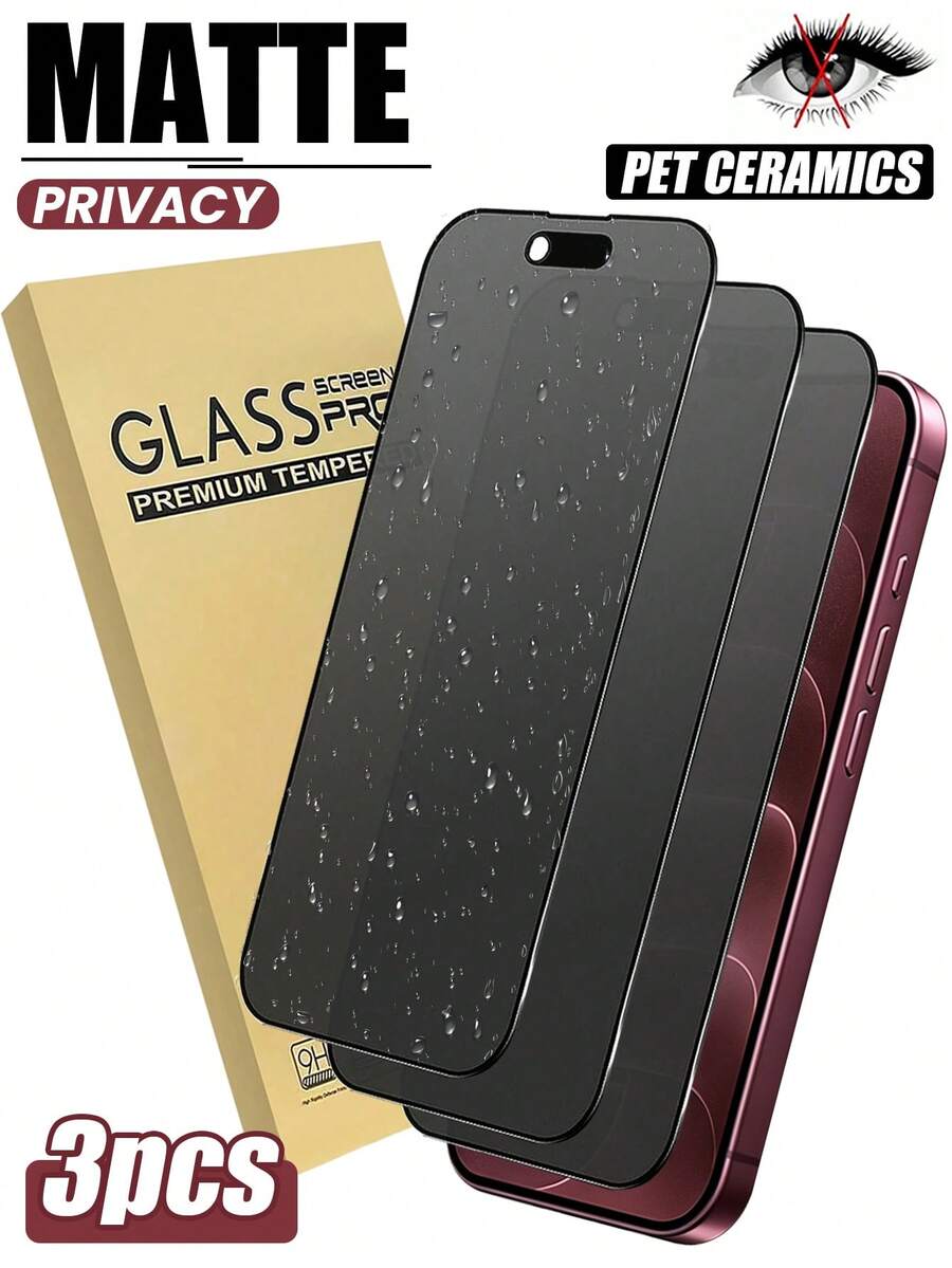 3pcs Matte Privacy Screen Protector, Compatible With IPhone 17 Pro Max 6.9 Inch, Non-Glass Material, Full Coverage Anti-Peeping Anti-Glare Ceramic Film, Anti-Fingerprint, Compatible With Phone Case, Compatible With IPhone 18 Pro Max/18 Pro/17 Pro Max/17 Air/16 Pro Max/16 Pro/16 Plus/16/15 Pro Max/14 Pro Max/13 Mini/12/11/XS Max/XR/8+/7 Plus - Black - View 1