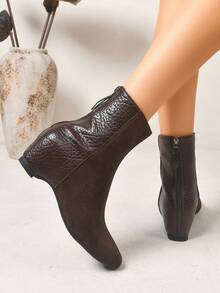 Women's Fashion New Chunky Heel Boots, High-Quality Versatile Premium Side Zipper Front Lace-Up Mid-Calf Boots - Coffee Brown - View 6