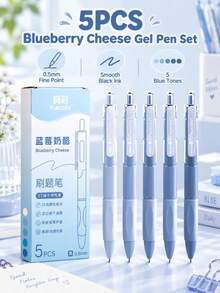 5pcs Blueberry Cheese Gradient Blue Series Retractable Neutral Pens Set, 0.5mm Black Ink, Quick-Dry Smooth Writing, Soft Rubber Comfortable Grip Design, 5 Shades Of Blue High-Value Study Pens, Suitable For Student Exams, Classroom Notes, Office Writing, Journaling And Daily Learning Stationery - Sets - View 1
