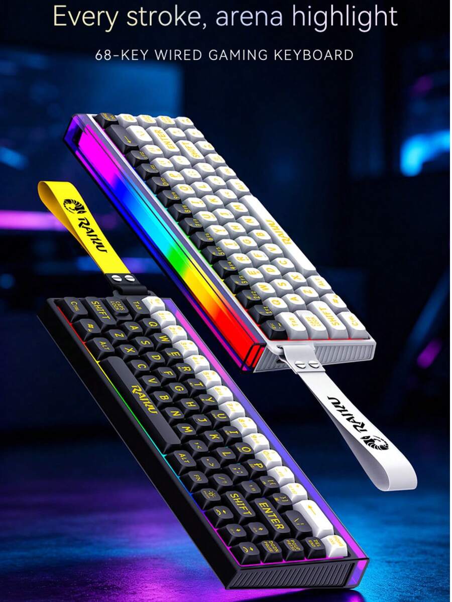 RAIKU Wired 68-Key RGB Backlit Mechanical-Feel Gaming Keyboard, 3-Color Customizable Compact Keyboard - View 1