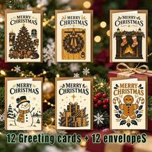 12pcs Exquisite Retro Christmas Theme Greeting Card Set, [2D Flat Card], Featuring Classic Elements Like Christmas Tree, Wreath, Fireplace, Snowman, Gift Box, And Gingerbread Man, Warm And Elegant Style, Suitable For Friends, Colleagues - Sets - View 9