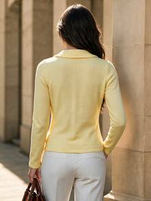 Women's Vintage Yellow Lapel Gold Button Cardigan, Long Sleeve Regular Fit, Suitable For Autumn/Winter - Yellow - View 6