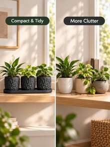 3pcs Indoor Plant Pots Set With Drainage Holes And Trays, Modern Textured Planters For Indoor Greenery, Succulents, Herbs, Cacti, Pothos And Other Small Plants, Suitable For Windowsill, Desktop, Shelf, Living Room, Office And Garden Decor - Multi-color - View 5