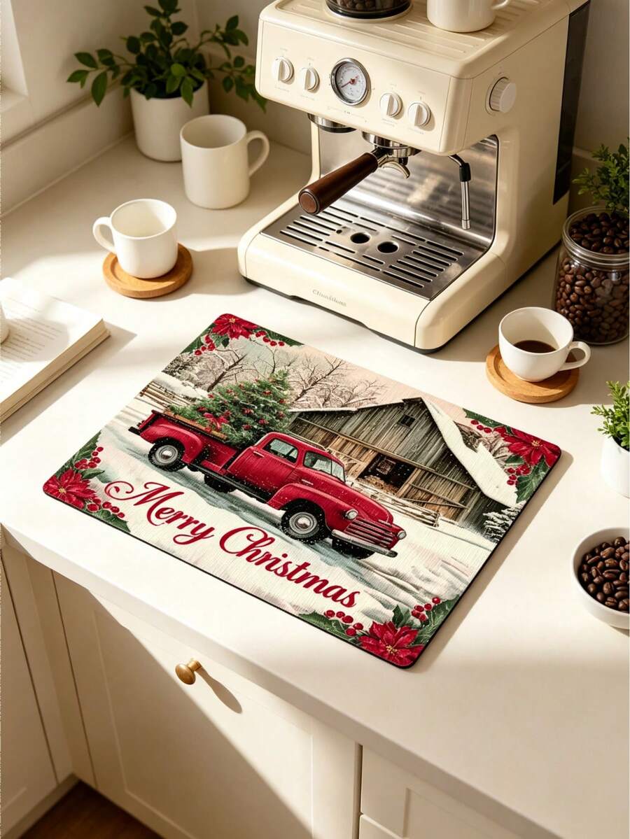 1pc Christmas Element Welcome Mat, Diatomite Absorbent Small Rug, Floor Mat For Stove, Coffee Station & Water Bar Counter, Christmas Halloween Holiday Home Decor, Indoor Outdoor Doormat, Front Entryway Rug, Kitchen & Farmhouse Table Decor