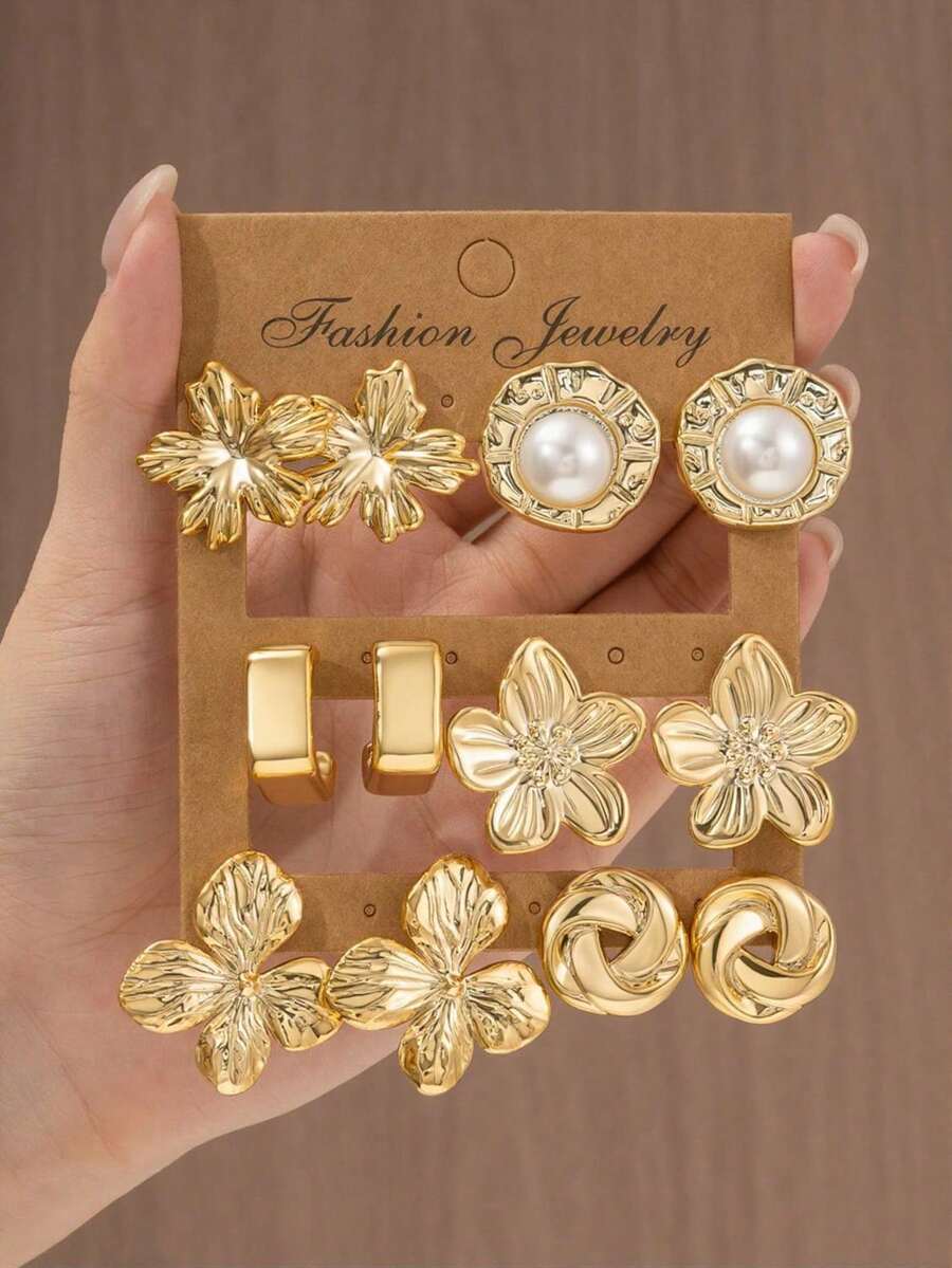 2/12PCS Women's Fashion Exquisite Flower Round Faux Pearl C-Shaped Geometric Multi-Element Earring Set, Seasonal Hot-Selling High- Elegant High-End Earring Set Suitable For Daily Wear - Gold - View 1