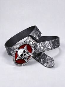 1pc Halloween Party Skull Buckle PU Printed Black Belt, Street Punk Unisex Design - Multicolor - View 4