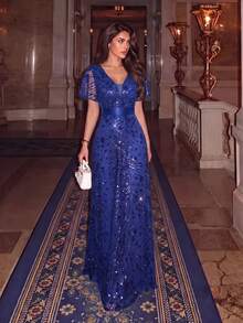 XUCTHHC Elegant V-Neck Butterfly Sleeve High-Quality Sequin A-Line Deep Blue Party Evening Gown, Formal Ball Dress, Wedding Guest, Holiday, Autumn/Winter - Royal Blue - View 2