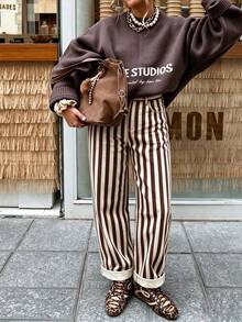 Women's Coffee Striped Colorblock Denim Jeans, Casual Daily Travel Washed Denim Jeans With Pockets And Buttons, Fall Clothes For Women, Fall Clothes - Multicolor - View 2