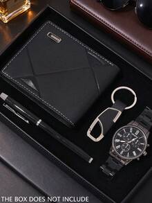 4-Piece Men's Business Luxury Watch Accessory Gift Set, Classic All-Black Roman Numeral Dial Quartz Watch With Textured Steel Band, Three-Eye Layout With Sophisticated Visual Depth. Sleek And Professional Style Suitable For Commuting, Office, Business Travel And More, Perfect Gift For Graduation, Birthday, Holiday For Men And Boys, Combining Practicality And Quality To Showcase Mature And Steady Gentleman Style. - Silver - View 1