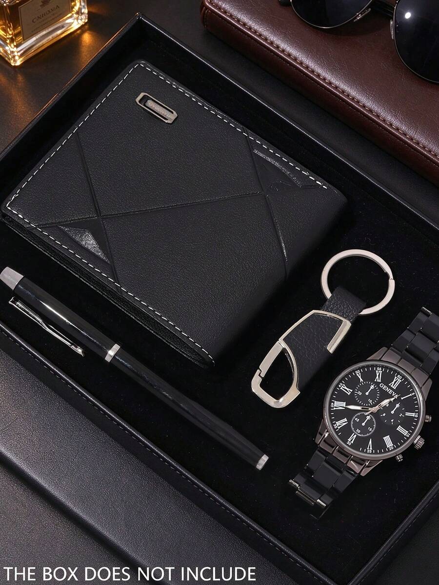4-Piece Men's Business Luxury Watch Accessory Gift Set, Classic All-Black Roman Numeral Dial Quartz Watch With Textured Steel Band, Three-Eye Layout With Sophisticated Visual Depth. Sleek And Professional Style Suitable For Commuting, Office, Business Travel And More, Perfect Gift For Graduation, Birthday, Holiday For Men And Boys, Combining Practicality And Quality To Showcase Mature And Steady Gentleman Style. - Silver - View 1