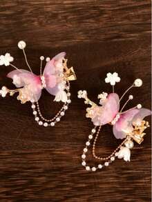 1pc Women's Handmade Butterfly Beaded Hair Clip Headwear For Daily Parties - Pink - View 3
