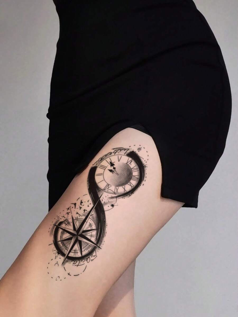 Black INS Style Creative Personalized Clock Compass Pattern Party Gift DIY Holiday Gift Music Festival Temporary Waterproof Tattoo Sticker For Arm Waist Abdomen 1pc/Pack - Black - View 1