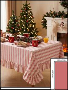 1pc Beige With Pink Fine Stripe Tablecloth, Traditional Country Style, Rectangular With Scalloped Edge And Pleated Details, Stain-Resistant Protective Table Cover, Suitable For Christmas, Family Gatherings And Winter Holiday Dining Room Decor - Pink - View 11
