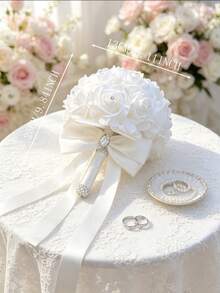 White Artificial Rose Bridal Bouquet, Rhinestone Decorated Satin Bow Long Ribbon Wedding Bouquet, Suitable For Bride Wedding Ceremony Party Decoration - Multicolor - View 5
