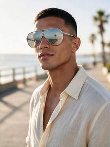 RENNES 1pc Men Metal Frame Aviator Fashionglasses, One-Piece Lens, Thin Metal Temples, Non-Slip Nose Pads, Stylish For Daily & Driving - Multicolor - View 2