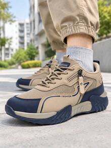 Tenis deportivos hombre multicolor de malla, suela gruesa antideslizante, calzado casual moderno para caminar y salidas diarias - Caqui - Ver 3