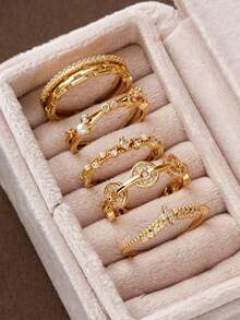 5pcs Copper Fashion Elegant Minimalist Luxury Chain Finger Rings, Hollow Thin Band Geometric Openable Stackable Ring Set, Suitable For Women's Daily, Holiday, Date, Party Wear - Gold - View 2