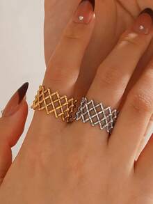 2PCS/1PC Stainless Steel 18K Gold Plated Fashion Popular Mesh Open Ring For Women Daily Party Wear - Multicolor - View 1