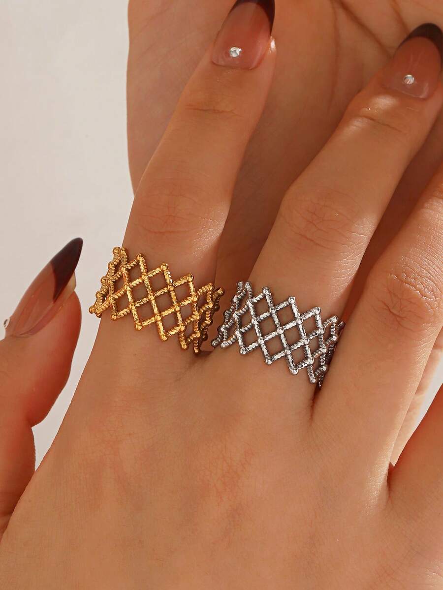 2PCS/1PC Stainless Steel 18K Gold Plated Fashion Popular Mesh Open Ring For Women Daily Party Wear - Multicolor - View 1