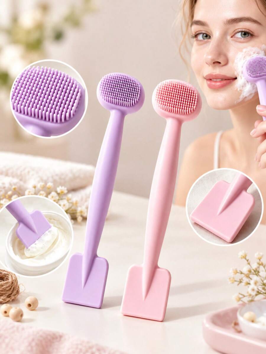 2pcs Dual-Head Silicone Face Cleansing Brushes, Soft Silicone Facial Cleansing Brush With Mask Scraper, Deep Cleansing Gentle Massage Mask Application Tool, Suitable For Daily Skincare - Multiple Styles - View 1