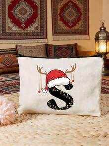 Santa Hat Reindeer Antler Initial Letter Makeup Bag, Christmas A-Z Alphabet Zipper Pouch, Portable Travel Cosmetic Organizer, Holiday Gift For Ladies - Multicolor - View 25