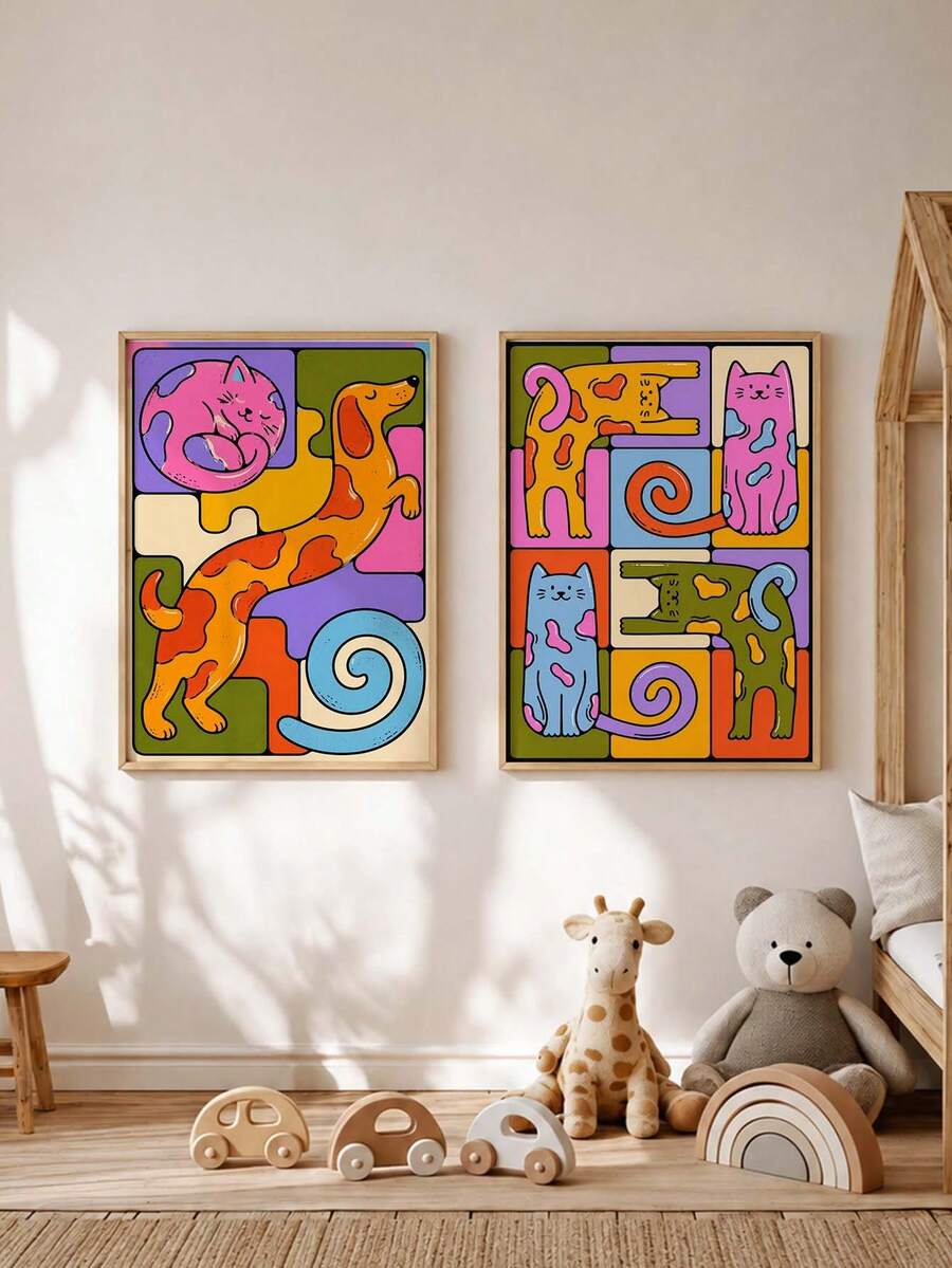 2pcs/Set Baby & Kids Color Block Cat & Dog Frameless Decorative Painting, Cute Cartoon Animal Canvas Wall Art, Modern Children's Room Decor - Multicolor - View 1
