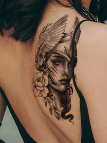 Black Creative Wing Portrait Floral Pattern Party Gift DIY Holiday Gift Music Festival Temporary Waterproof Tattoo Sticker For Arm, Shoulder, Neck, Collarbone, Back, Waist, Abdomen, 1pc - Black - View 2