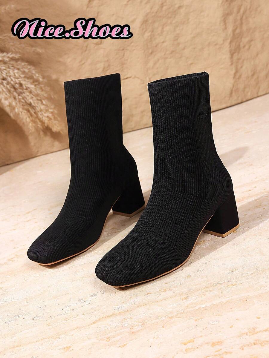 New Chunky Heel Spring Autumn Winter All-Season Elastic Slimming Sock Boots High Heel Ankle Boots Commuter Fashion Elegant Versatile Style