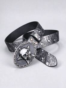 1pc Halloween Party Skull Buckle PU Printed Black Belt, Street Punk Unisex Design - Multicolor - View 7