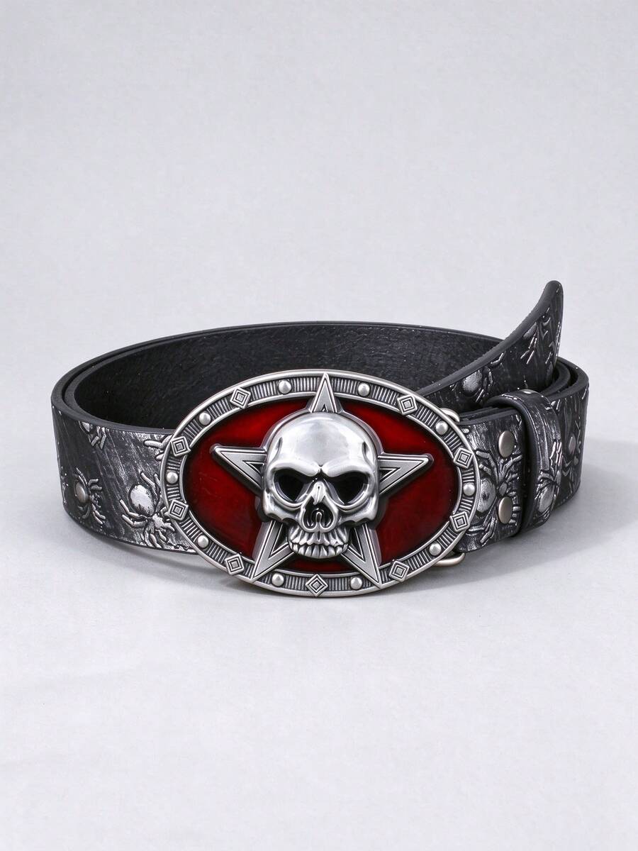 1pc Halloween Party Skull Buckle PU Printed Black Belt, Street Punk Unisex Design - Multicolor - View 1