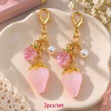 1pc/2pcs Women's Translucent Pink Strawberry Pendant, Faux Pearl Charm, Transparent Small Strawberry Accessory Keychain, Sweet Bag Charm, Wallet & Earphone Accessory - Pink - View 4