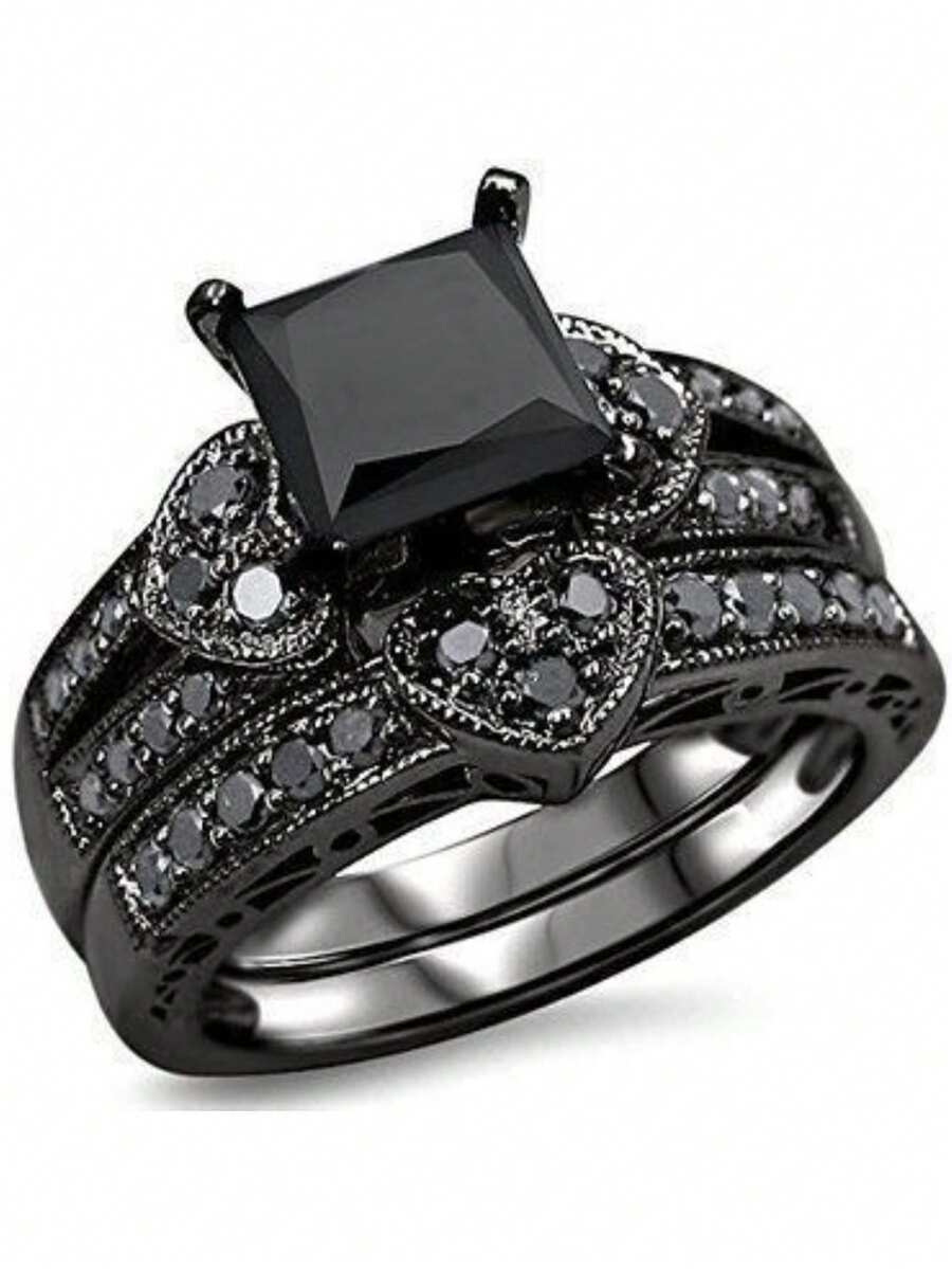 2 Copper Inlaid Black Zirconia Heart Ring Set - Black - View 1