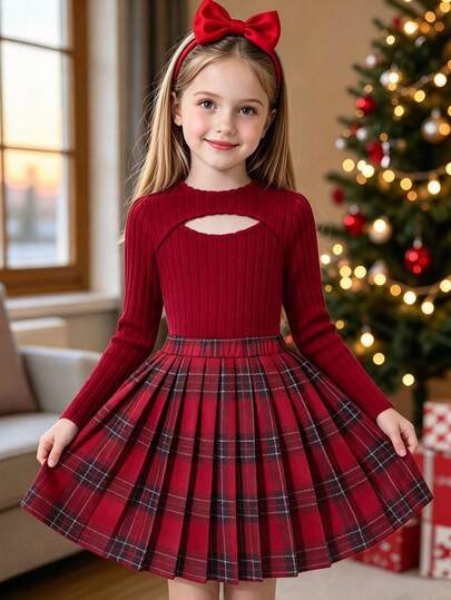 Tween Girls Plaid Skirt Set, Hollow Round Neck Long Sleeve T-Shirt + Pleated Mini Skirt, 2pcs Set, Back To School Christmas Holiday Preppy Style Outfit