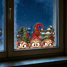 1PC 2D Flat Christmas Elf Window Clings, Three Cute Peeking Elves With ...