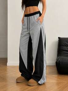 Women's Colorblock Wide Leg Track Pants, High Waist Drawstring Loose Fit Streetwear Trousers With Contrast Panel Design And Casual Style - Grey - View 2