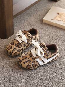 New Arrival: Kids' Shoes Leopard Print Retro Runner Style Sneakers With Contrast Side Stripe - Soft Non-Slip Sole, Hook And Loop Closure, Toddler Footwear - Khaki - View 1