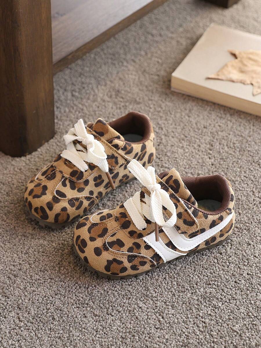 New Arrival: Kids' Shoes Leopard Print Retro Runner Style Sneakers With Contrast Side Stripe - Soft Non-Slip Sole, Hook And Loop Closure, Toddler Footwear - Khaki - View 1
