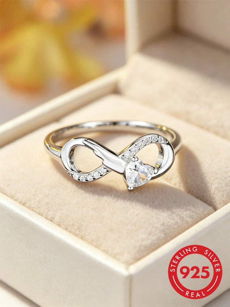 925 Sterling Silver Infinity Promise Ring - Sparkling Zirconia Inlaid High-Quality Jewelry Design Suitable For Engagement/Wedding - Silver - View 1