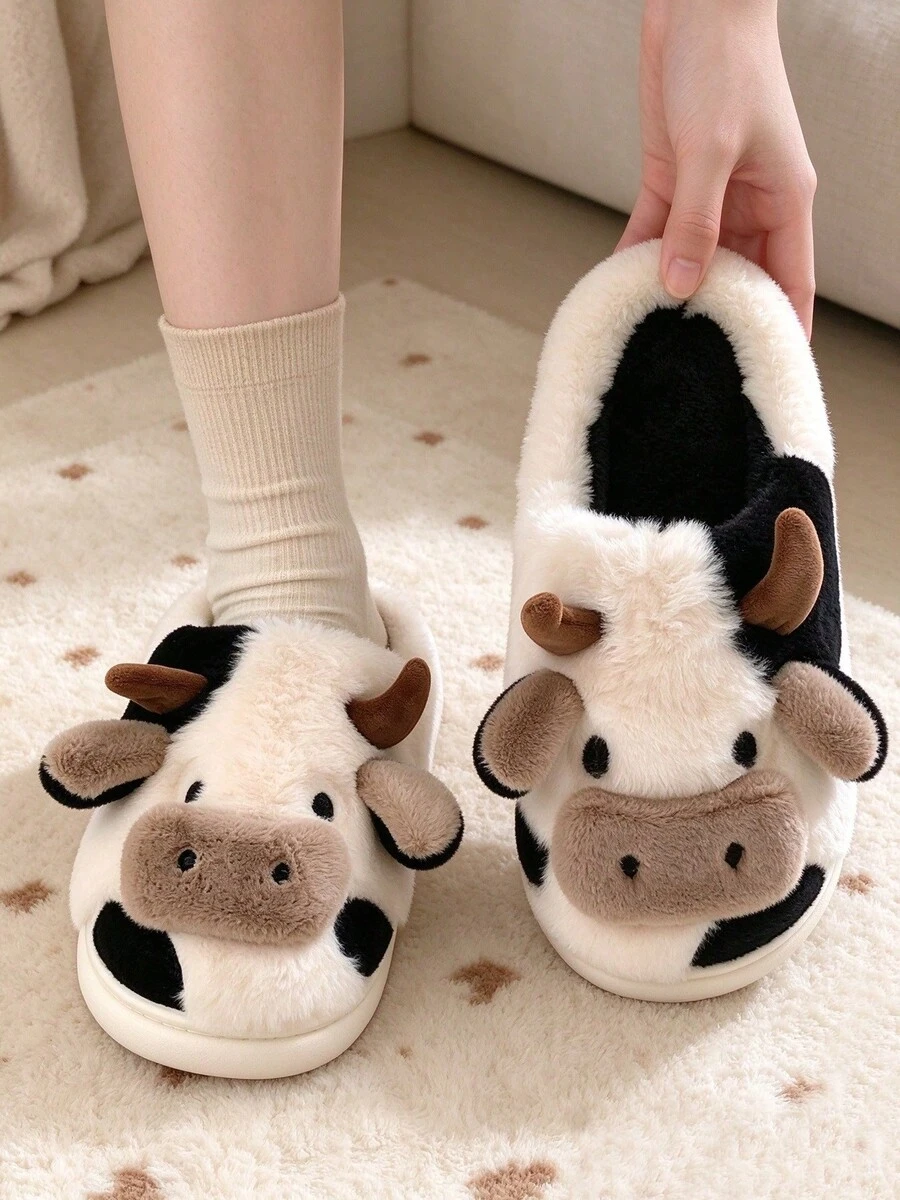 Winter Men's Plus Size Full Heel Cow Print Thermal Lined Slippers, Couple Style Non-Slip Warm Home Dorm Fashion Plush Shoes - Black - View 1