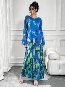 1pc Women's Printed Ruffle Sleeve Round Neck Pullover Elegant Casual Dress, Luxurious Arabic Style Long Robe Abaya For Evening Party, Holiday, Vacation, Formal Occasion, Home And Daily Wear, Perfect Gift For Mom, Daughter, Friend - Green - View 5