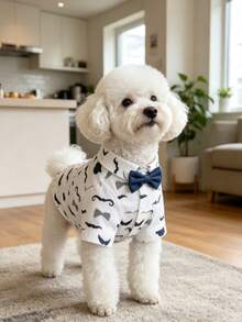 Gentleman Casual Bowknot Stylish & Cute Multi-Color Denim Effect Shirt For Small Dogs, Suitable For All Seasons, Anti-Shedding, Ideal For Cats, Pug, Pomeranian, Party & Holiday Outfit - Blue and White - View 3