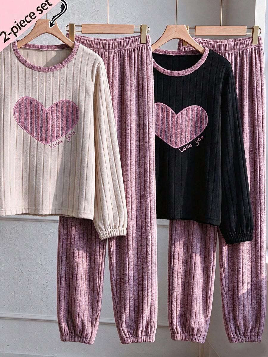 [1 Set Random (2pcs)]Sweet Soft Striped Velvet Loungewear, Girls Cardigan Button Long Sleeve, Black Trim Decor And Long Pants Set, Autumn/Winter Daily Casual Home Wear - Mauve Purple - View 1