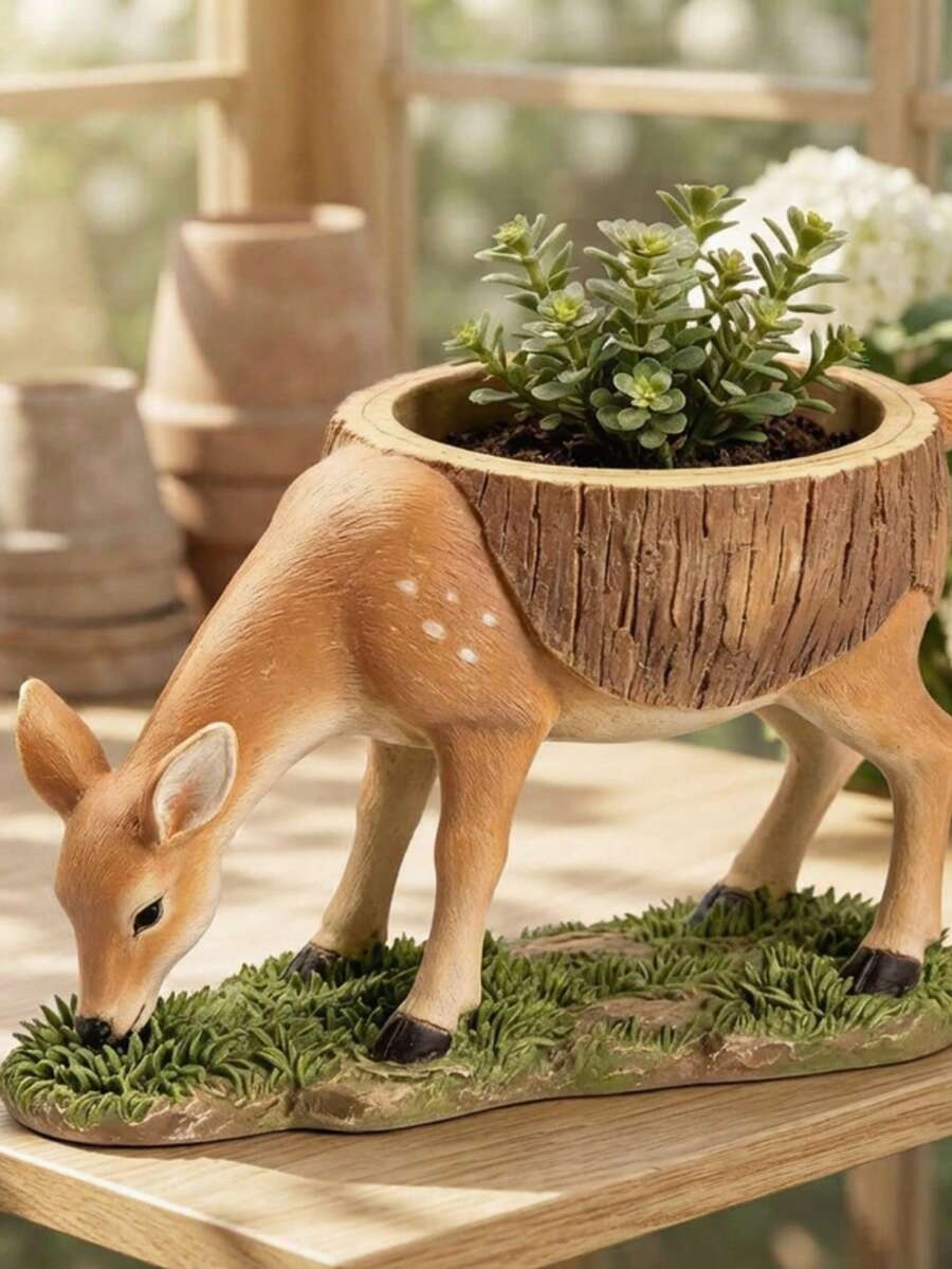 1pc Plum Blossom Deer Garden Planter Balcony Pot Window Sill Succulent Pot Decorative Ornament - A - View 1