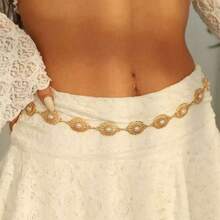 Women's Gold Sun Pattern Waist Chain, Hollow Sun Design Pearl Waist Chain, Bohemian Summer Dress Accessory - Gold - View 6