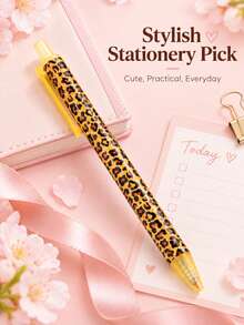 5PCS Fashion Leopard Print Retractable Ballpoint Pens, Yellow Transparent Clip Design, Lightweight And Portable, Personalized Animal Pattern Printed Writing Pens, Suitable For Students, Office, School, Journaling And Daily Writing Supplies. - Sets - View 8